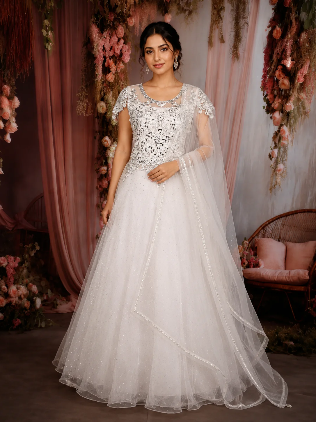 White Mirror and Stone Embellished Design Net Party Wear Gown